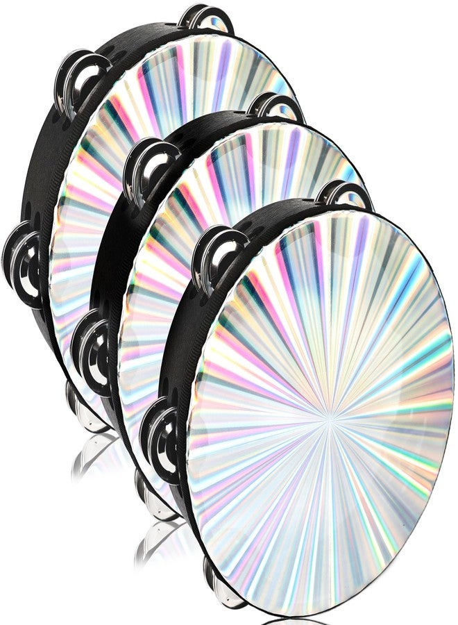 Norcoin 3 Pack Silver Tambourine 8 Inch Reflective Tambourine for Adult with Double Row Jingle Bell Hand Held Drum Percussion Musical Instrumen Church Wedding Dance Party - Image 1