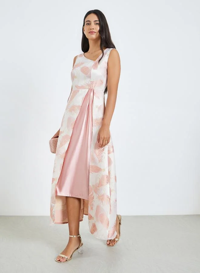 Pink Printed Asymmetric Hem Sleeveless Maxi Dress