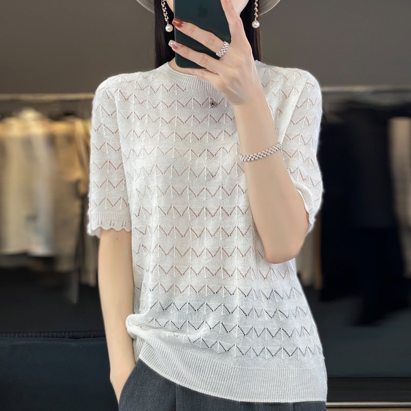 Z-Line Ready-To-Wear Fine Wool Short-Sleeve T-Shirt For Women, New Summer Style, Round Neck, Hollow-Out, Thin Top, Stylish Base Shirt - Image 1