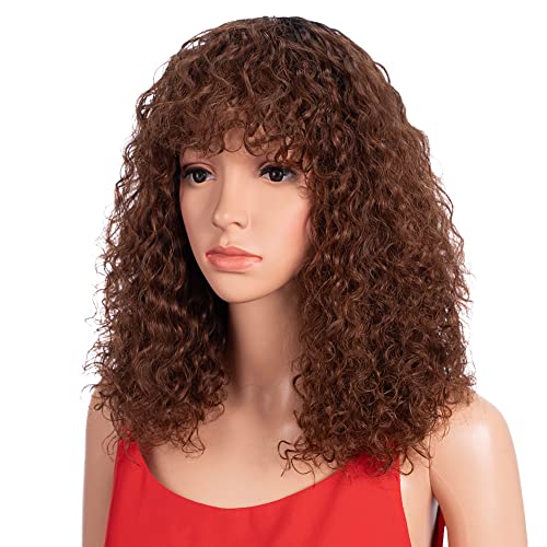 Spotlight Short Kinky Curly Wigs 12 inch Bob Loose Wave Human Hair Wigs for Women Brazilian Virgin Human Hair Wigs with Bangs 180 Density Natural Looking Reddish Brown TT1B33 - Image 1