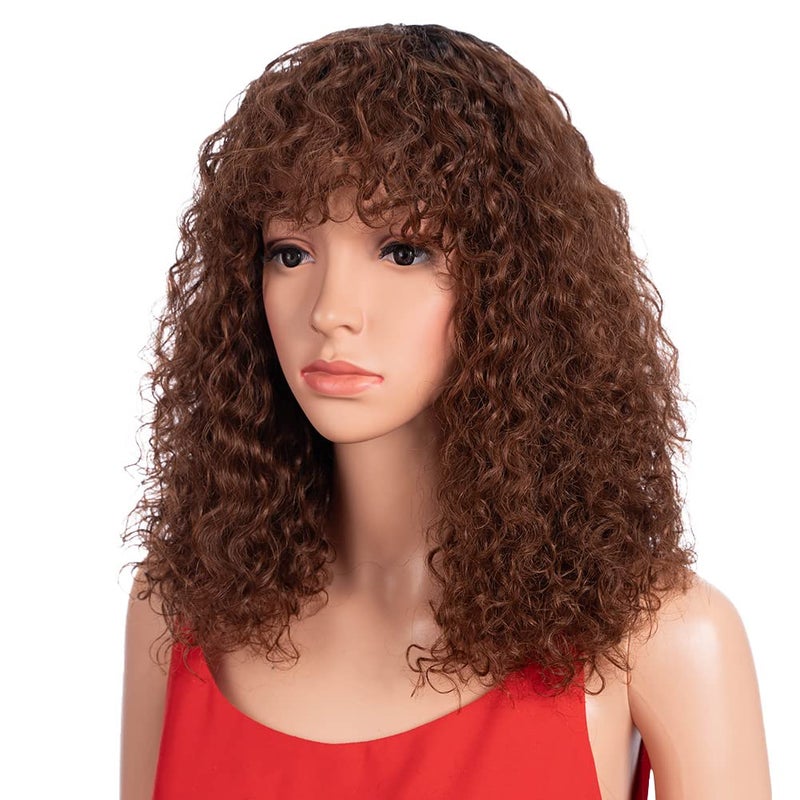 Spotlight Short Kinky Curly Wigs 12 inch Bob Loose Wave Human Hair Wigs for Women Brazilian Virgin Human Hair Wigs with Bangs 180 Density Natural Looking Reddish Brown TT1B33 - Image 2