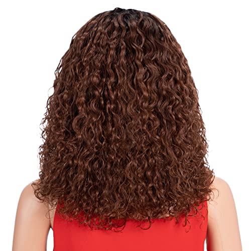 Spotlight Short Kinky Curly Wigs 12 inch Bob Loose Wave Human Hair Wigs for Women Brazilian Virgin Human Hair Wigs with Bangs 180 Density Natural Looking Reddish Brown TT1B33 - Image 3