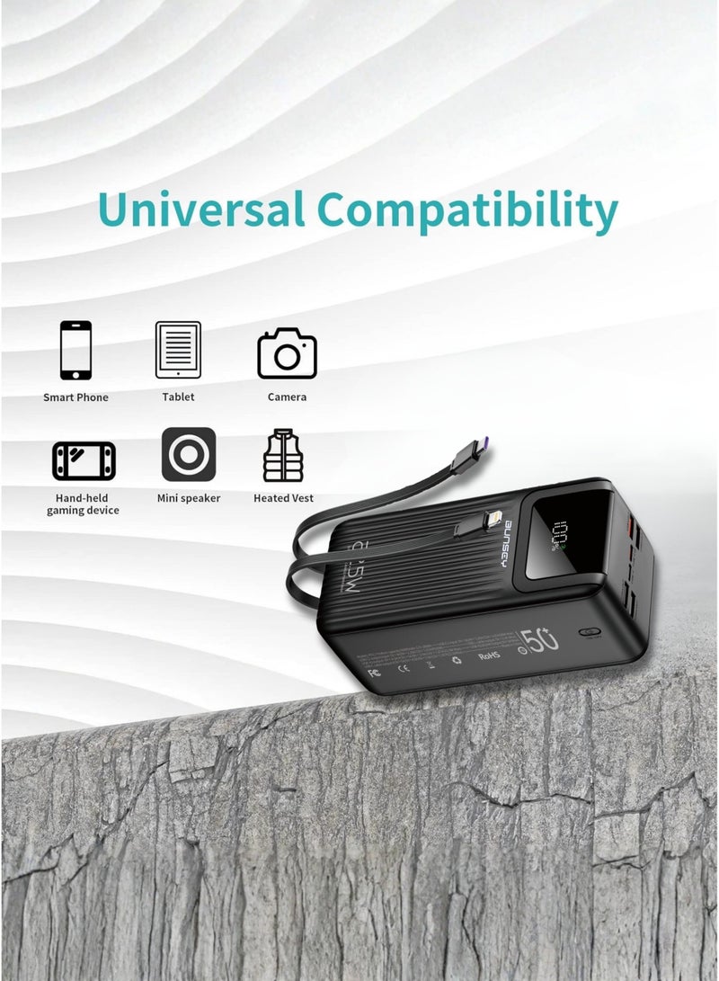 Bunsey 50000mAh 22.5W Fast Charging Powerbank – 4 Inbuilt Cables (Lightning/Type-C/USB/Micro), 4 USB Ports + 2 Type-C Ports, Digital Display Screen – Compatible with iPhone 15/14/13/12, Samsung S24/S23/S22, Xiaomi, Huawei, Oppo, Vivo & All Android Devices – Ultra-Powerful Portable Charger – Black - Image 4