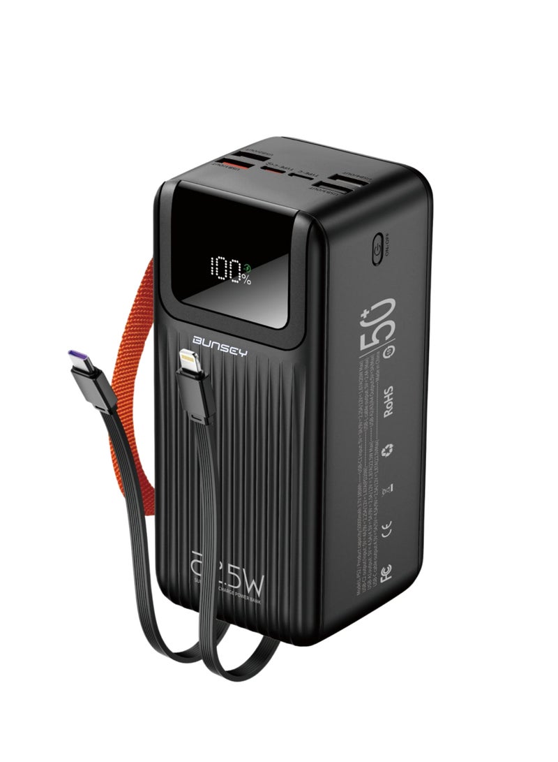 Bunsey 50000mAh 22.5W Fast Charging Powerbank – 4 Inbuilt Cables (Lightning/Type-C/USB/Micro), 4 USB Ports + 2 Type-C Ports, Digital Display Screen – Compatible with iPhone 15/14/13/12, Samsung S24/S23/S22, Xiaomi, Huawei, Oppo, Vivo & All Android Devices – Ultra-Powerful Portable Charger – Black - Image 1