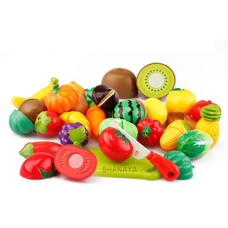 SHANAYA Sliceable Cutting Fruits Pretend Play Set Toy with Cutting Board and Knife for Kids, Girls, Boys - Multicolor Random Fruits - 9 Pieces Set - Image 1