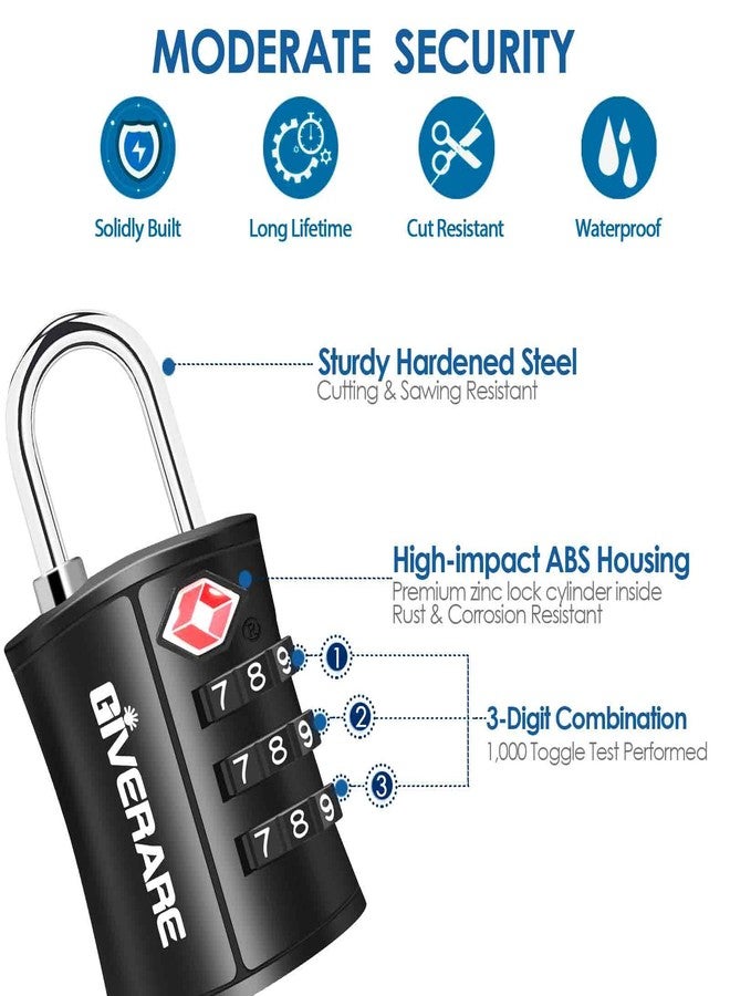 GIVERARE 4 Pack TSA Approved Travel Luggage Locks, Combination Lock Keyless, 3-Digit Padlocks, Travel Sentry Accepted Compatible Padlock for Gym Locker, Golf Bag Case, Backpack, Black-by GIVERARE - Image 5