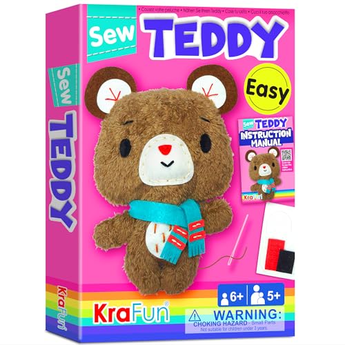 KRAFUN Beginner Sewing Kit for Kids My First Bear Stuffed Animal Craft PrePunched Thick Felt ChildSafe Plastic Needles NoMess DIY Educational Activity Gift for Girls Boys Ages 610 - Image 1