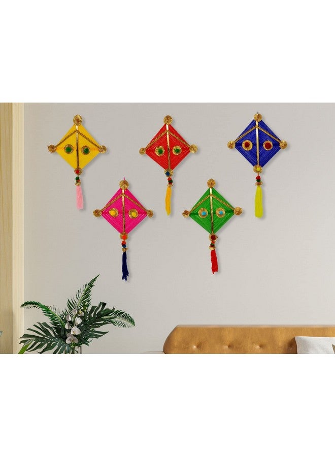 JH Gallery Woolen Handmade Colorful Kite Hanging Decoration for Wall/Door Hanging Home Decor (Pack of 5), Multicolour - Image 3