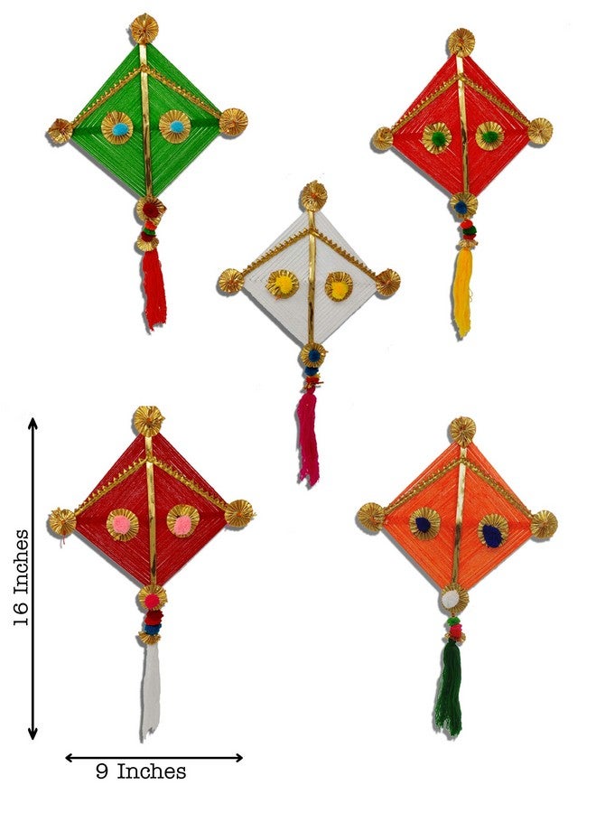 JH Gallery Woolen Handmade Colorful Kite Hanging Decoration for Wall/Door Hanging Home Decor (Pack of 5), Multicolour - Image 2