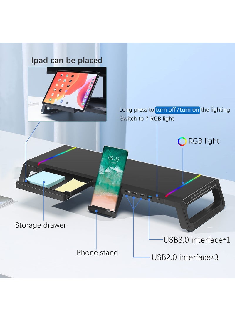 Monitor Stand for Desk RGB Gaming Lights with USB 3.0 & 2.0 Hub, Foldable Computer Screen Riser with Storage Drawer and Phone Holder, Desk Organizer Laptop Shelf, for PC/ Laptop/ for iMac - Black - Image 5