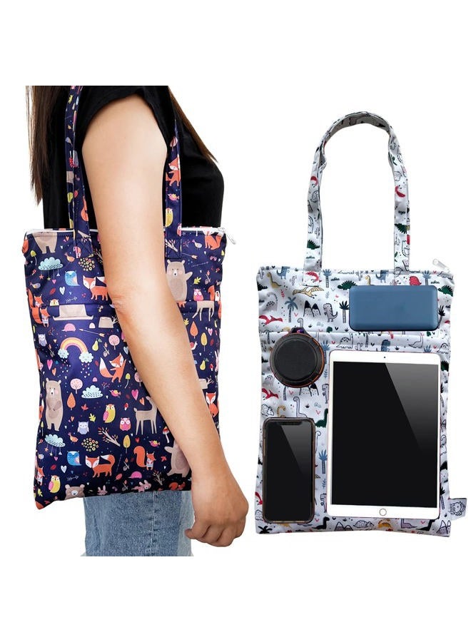 FLOCK THREE 2PCS Bundle Wet Dry Bag Waterproof Tote Reusable Wet Clothes Baby Diapers Stroller Swimsuit Travel Small Larger Electronics Toiletries Pouch Dinosaur and Cute Animals) - Image 4
