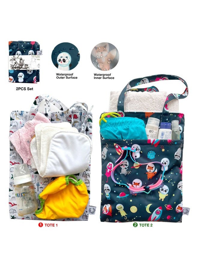 FLOCK THREE 2PCS Bundle Wet Dry Bag Waterproof Tote Reusable Wet Clothes Baby Diapers Stroller Swimsuit Travel Small Larger Electronics Toiletries Pouch Dinosaur and Cute Animals) - Image 3