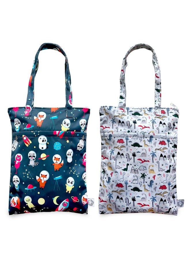 FLOCK THREE 2PCS Bundle Wet Dry Bag Waterproof Tote Reusable Wet Clothes Baby Diapers Stroller Swimsuit Travel Small Larger Electronics Toiletries Pouch Dinosaur and Cute Animals) - Image 1