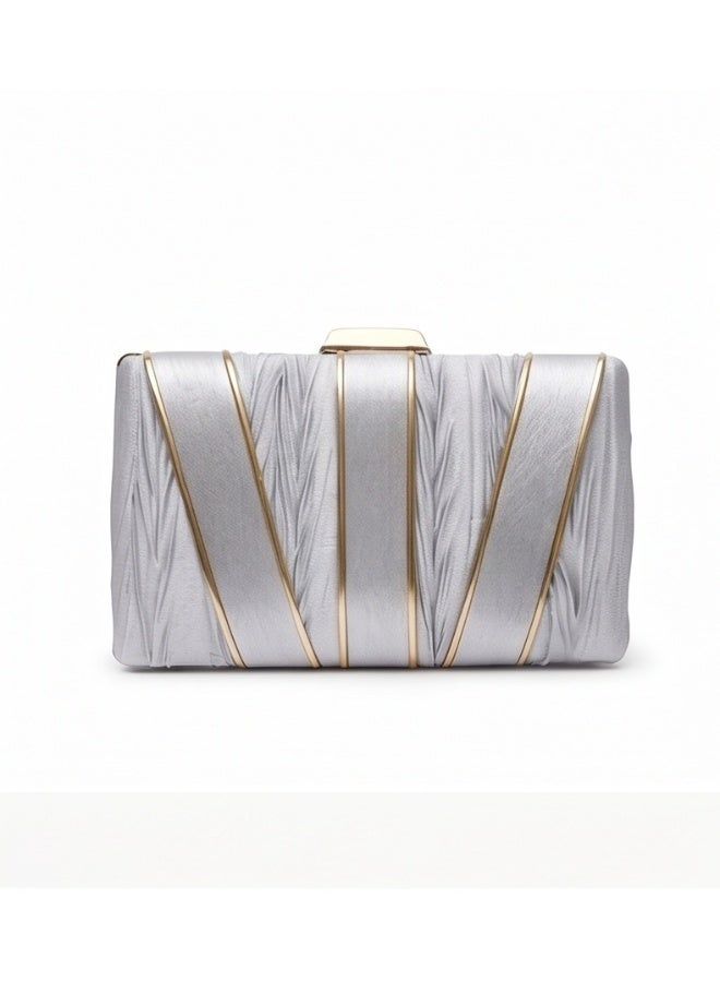 JOHN PAULS Women Clutch Bag Silver Satin Handmade Pleated Hardcase Purse with Gold Frame & Kiss Lock Clasp | Wedding, Prom & Formal Evening Handbag for Women - Image 1