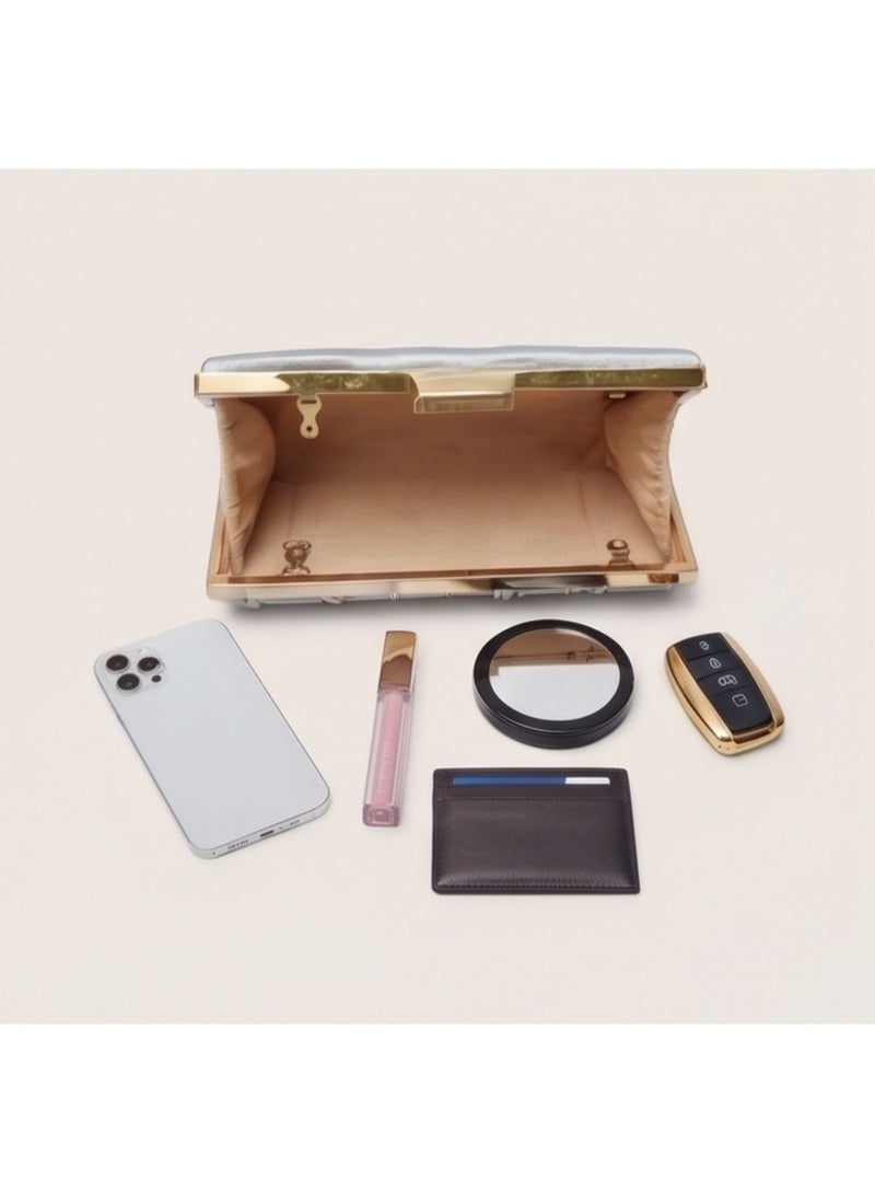 JOHN PAULS Women Clutch Bag Silver Satin Handmade Pleated Hardcase Purse with Gold Frame & Kiss Lock Clasp | Wedding, Prom & Formal Evening Handbag for Women - Image 4