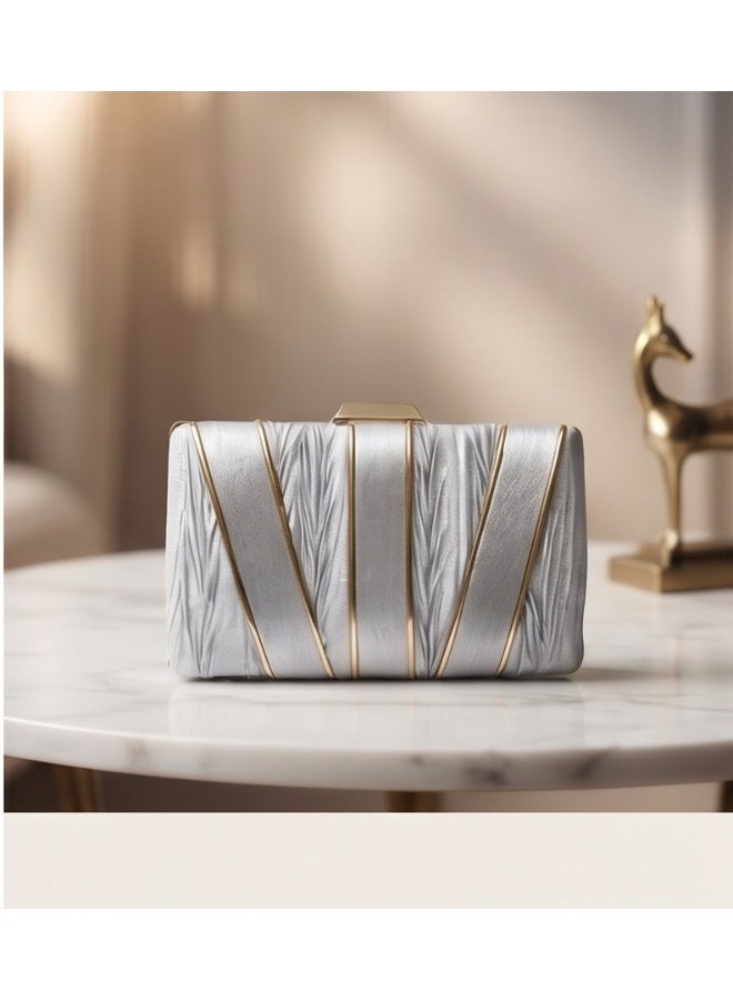 JOHN PAULS Women Clutch Bag Silver Satin Handmade Pleated Hardcase Purse with Gold Frame & Kiss Lock Clasp | Wedding, Prom & Formal Evening Handbag for Women - Image 3