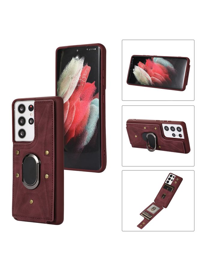 Case Cover For Samsung Galaxy S21 Ultra 5G Armor Ring Wallet Back Cover Phone Case Wine Red