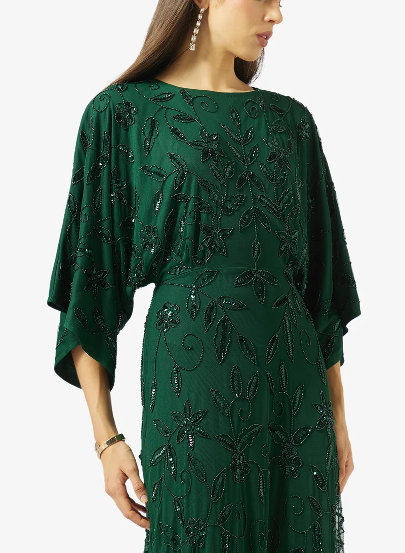 Frock And Frill  Boat Neck Mesh Detailed Maxi Dress for Women | Best Price UAE