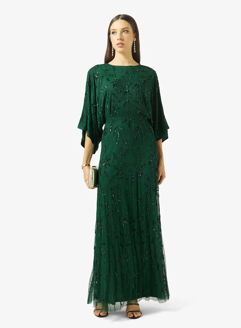 Frock And Frill  Boat Neck Mesh Detailed Maxi Dress for Women | Best Price UAE