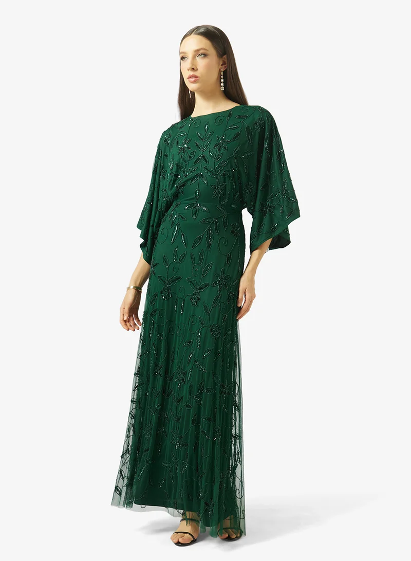 Frock and Frill Boat Neck Mesh Detailed Maxi Dress