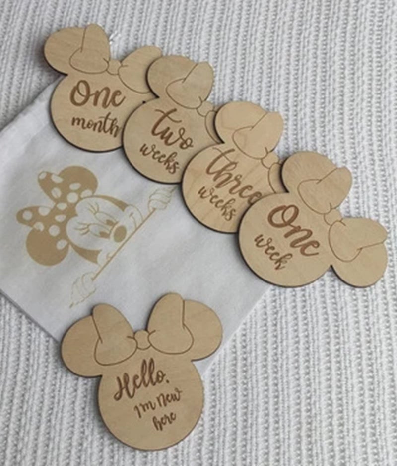 Haoser Wooden Baby Milestone Discs//Minnie Baby Milestone Discs//Baby Milestone Wood Card Set//Engraved Wooden Monthly Baby Milestone - Image 1