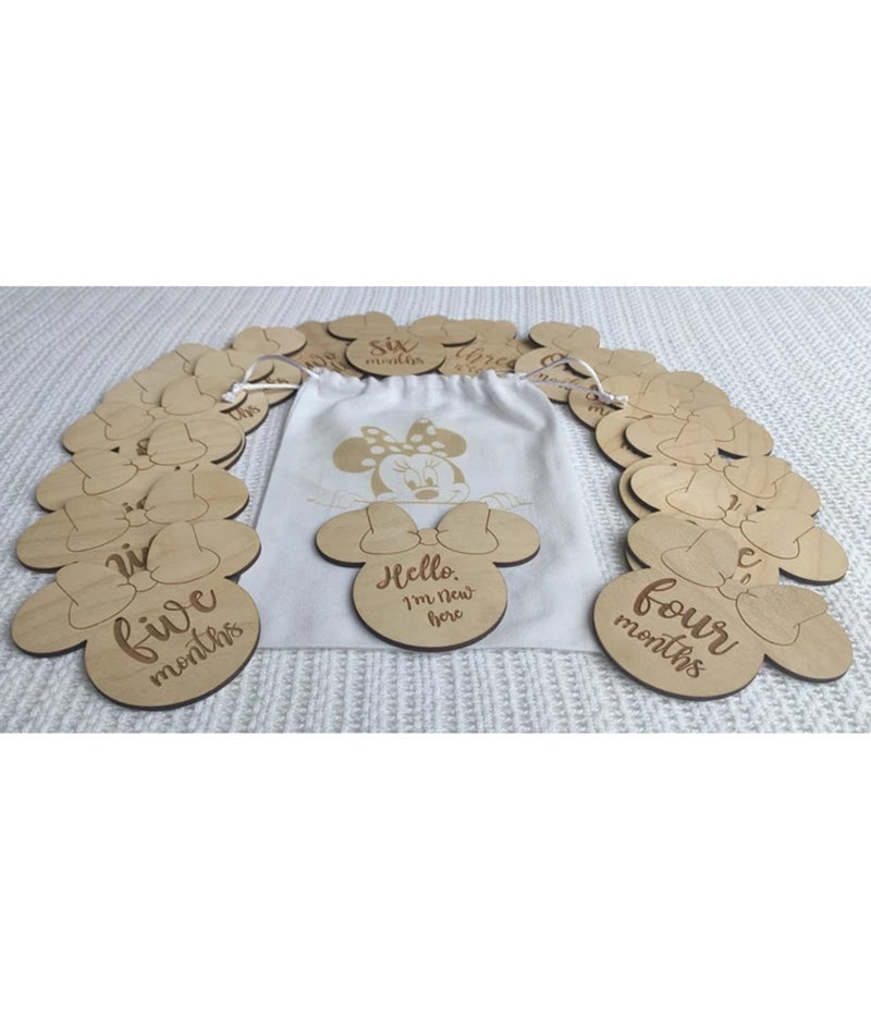 Haoser Wooden Baby Milestone Discs//Minnie Baby Milestone Discs//Baby Milestone Wood Card Set//Engraved Wooden Monthly Baby Milestone - Image 2