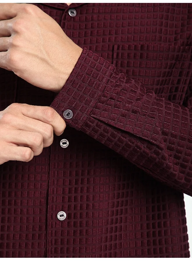 Beyoung Dark Maroon Bubble Textured Shacket