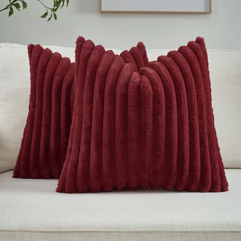 FUTEI Pack of 2 Fluffy Faux Fur Throw Pillow Covers 26x26 Inch Elegant Striped Textured Decorative Euro Pillow Shams Modern Accent Pillow for Couch Bed Living Room, Burgundy - Image 1