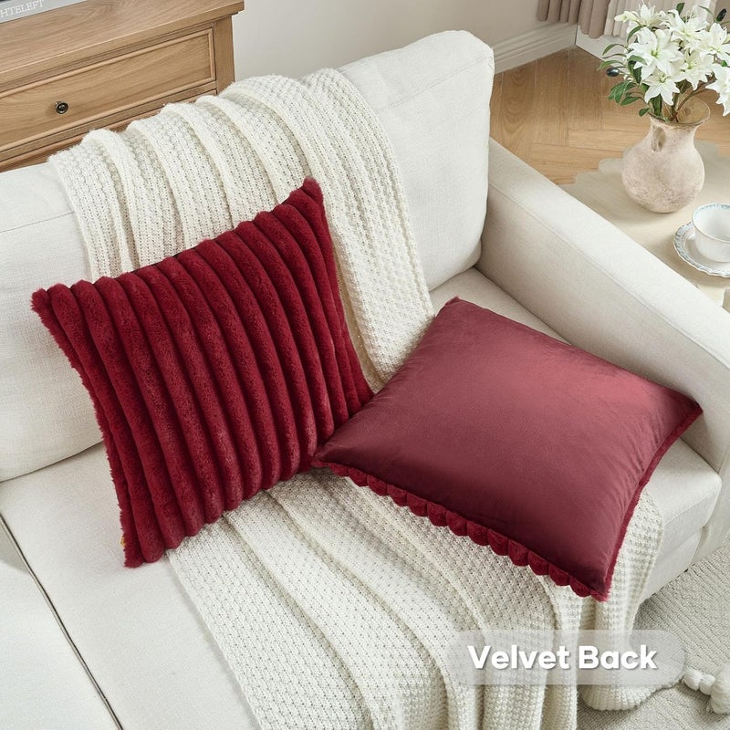FUTEI Pack of 2 Fluffy Faux Fur Throw Pillow Covers 26x26 Inch Elegant Striped Textured Decorative Euro Pillow Shams Modern Accent Pillow for Couch Bed Living Room, Burgundy - Image 4