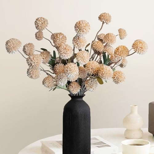 Cherica 10 Pcs Fake Flowers Artificial Mums With Long Stems Beige Faux Pompon Mums Floral Arrangement Champagne Plastic Flowers Silk Dried Flowers Home Decor Fall Decorations For Home VaseNo Vase - Image 1
