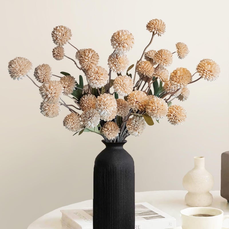 Cherica 10 Pcs Fake Flowers Artificial Mums With Long Stems Beige Faux Pompon Mums Floral Arrangement Champagne Plastic Flowers Silk Dried Flowers Home Decor Fall Decorations For Home VaseNo Vase - Image 2
