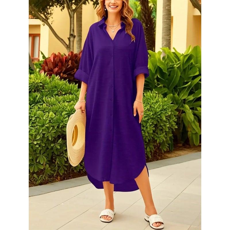 Women's Ice Silk Crepe Shirt, Solid Color, Turn-down Collar, Long Sleeve, Loose Fit, Mid Length - Image 3