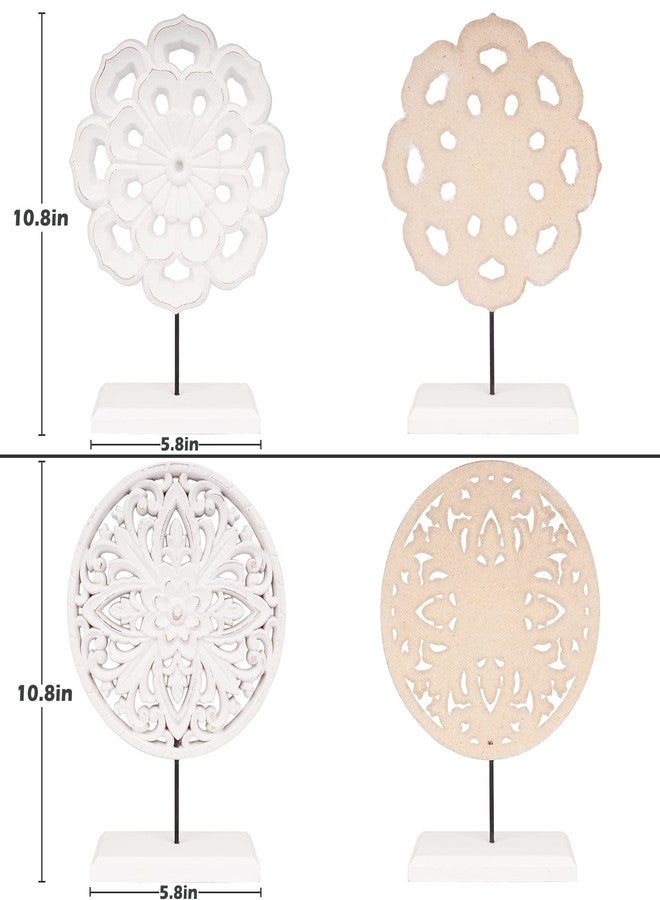 AXEARTE 2 Pack Wooden Carved Cutout Flower Medallion Sculpture, Rustic Distressed White MDF Statues Home Tabletop Decor, Decorative Ornaments for Living Room, Bedroom, Office Desktop, Cabinets - Image 2