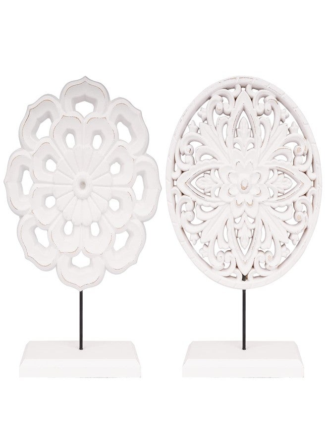 AXEARTE 2 Pack Wooden Carved Cutout Flower Medallion Sculpture, Rustic Distressed White MDF Statues Home Tabletop Decor, Decorative Ornaments for Living Room, Bedroom, Office Desktop, Cabinets - Image 1