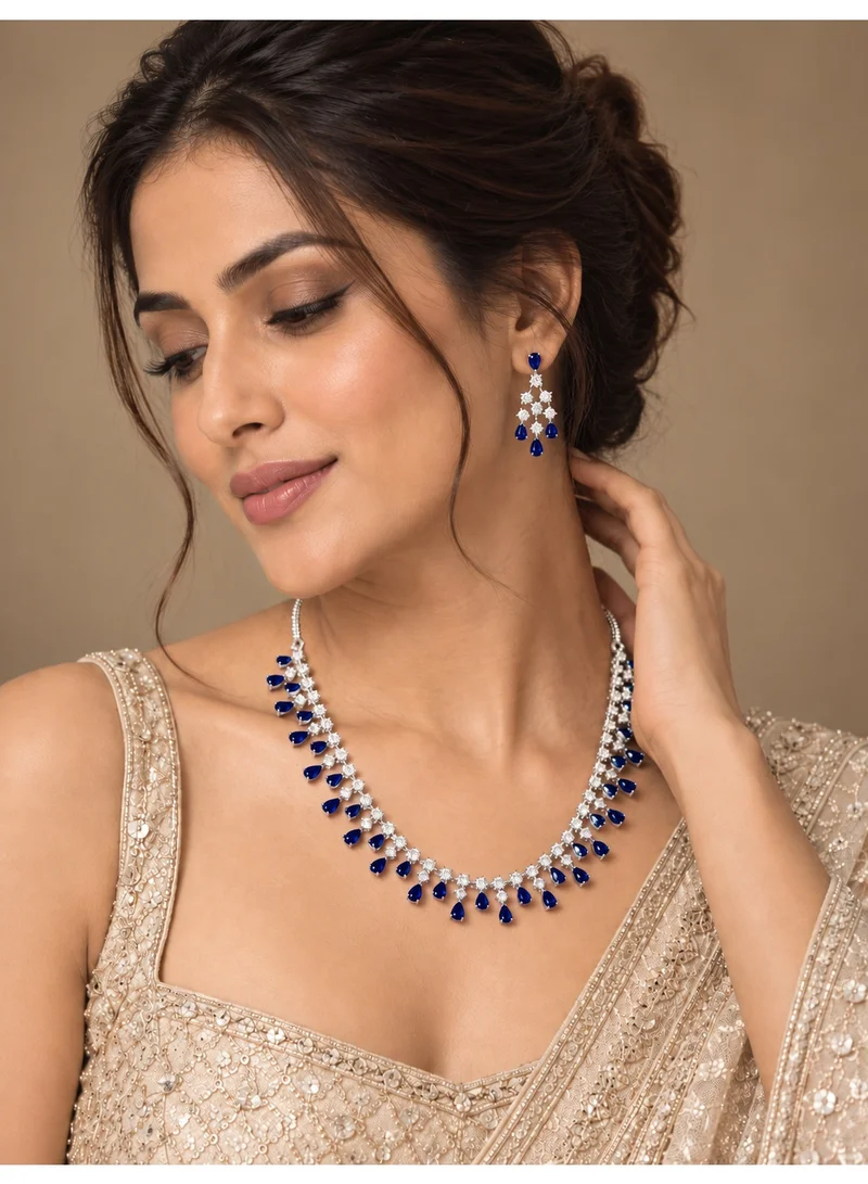 Lehar Sapphire Blue Teardrop Necklace & Earring Set - Silver Tone Evening Jewelry
