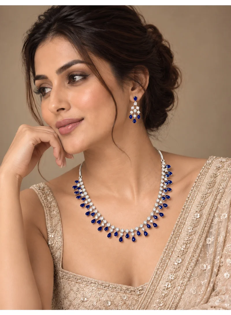 Lehar Sapphire Blue Teardrop Necklace & Earring Set - Silver Tone Evening Jewelry