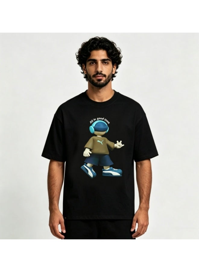 Puma "All in Good Time" 3D Cartoon Character Black Cotton T-Shirt-XXXXXXL - Image 1