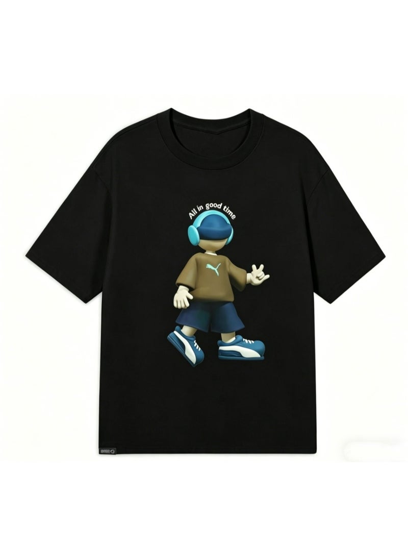 Puma "All in Good Time" 3D Cartoon Character Black Cotton T-Shirt-XXXXXXL - Image 2