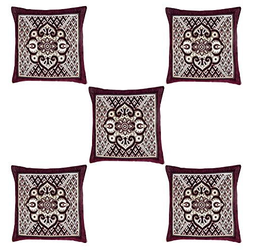 Nendle Jacquard Weaved Decorative Velvet Cushion Cover/Sofa Pillow Cover Set of 5 Pieces (Wine, 16x16 Inches)-500 TC - Image 2