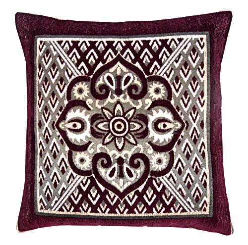 Nendle Jacquard Weaved Decorative Velvet Cushion Cover/Sofa Pillow Cover Set of 5 Pieces (Wine, 16x16 Inches)-500 TC - Image 3
