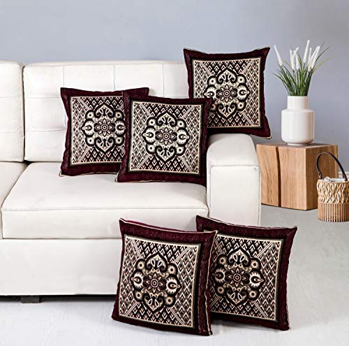 Nendle Jacquard Weaved Decorative Velvet Cushion Cover/Sofa Pillow Cover Set of 5 Pieces (Wine, 16x16 Inches)-500 TC - Image 1