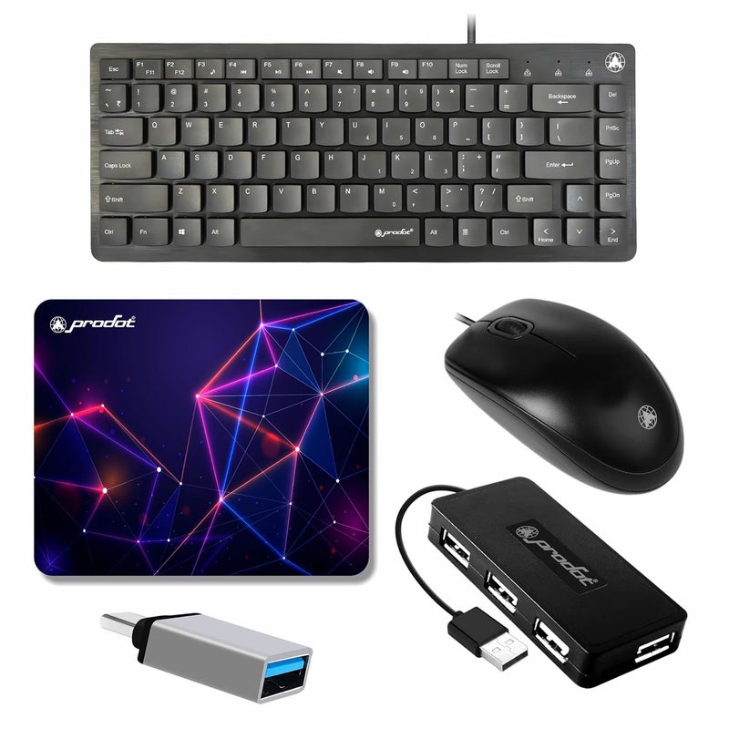 ProDot 5-in-1 Wired Combo Pack | 217 Mini Wired Keyboard + 185 Optical Mouse + 4 in1 Port USB Hub + USB Type-A to Type-C OTG + Anti-Slip Mouse Pad | for Laptop/Desktop - Image 1