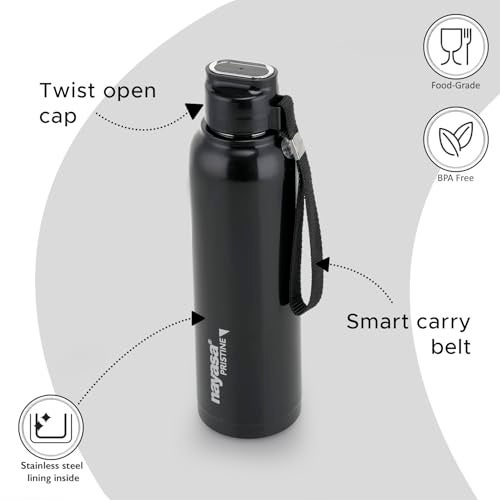 Nayasa Pristine 700ml Water Bottle | BPA-Free Plastic with Insulated Stainless Steel Inner | Leak-Proof Twist Cap | for Office, School, Gym, Travel, and Outdoor Use | Black - Image 2