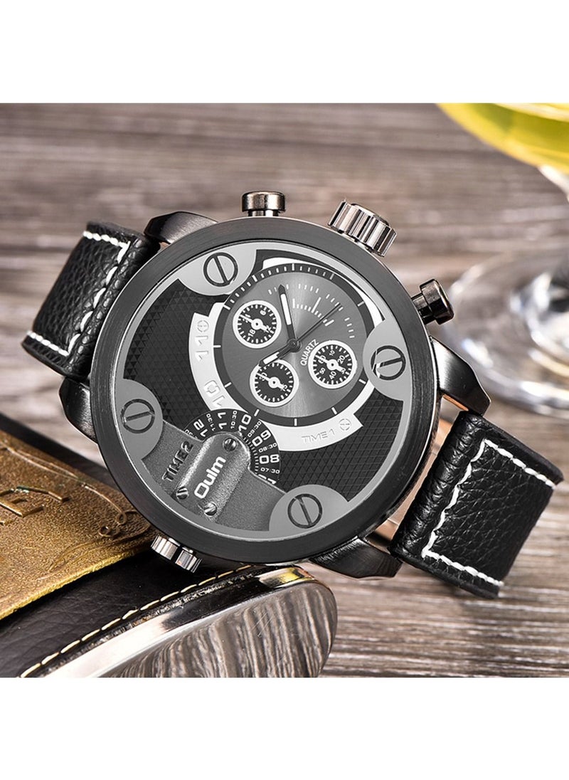 Oulm Casual Leather Strap Men's Watches Luxury Brand Cool Military Wristwatch Oulm 3130 Double Time Zone Quartz Watch  - Image 2