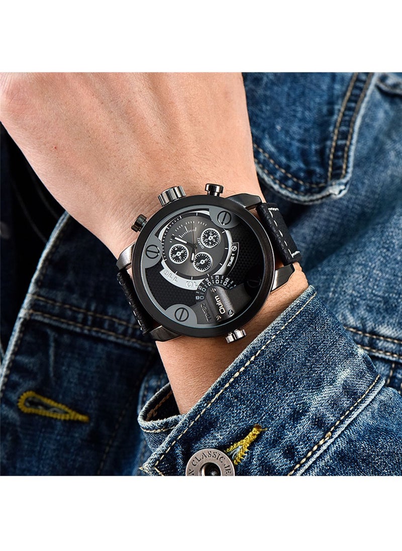 Oulm Casual Leather Strap Men's Watches Luxury Brand Cool Military Wristwatch Oulm 3130 Double Time Zone Quartz Watch  - Image 3