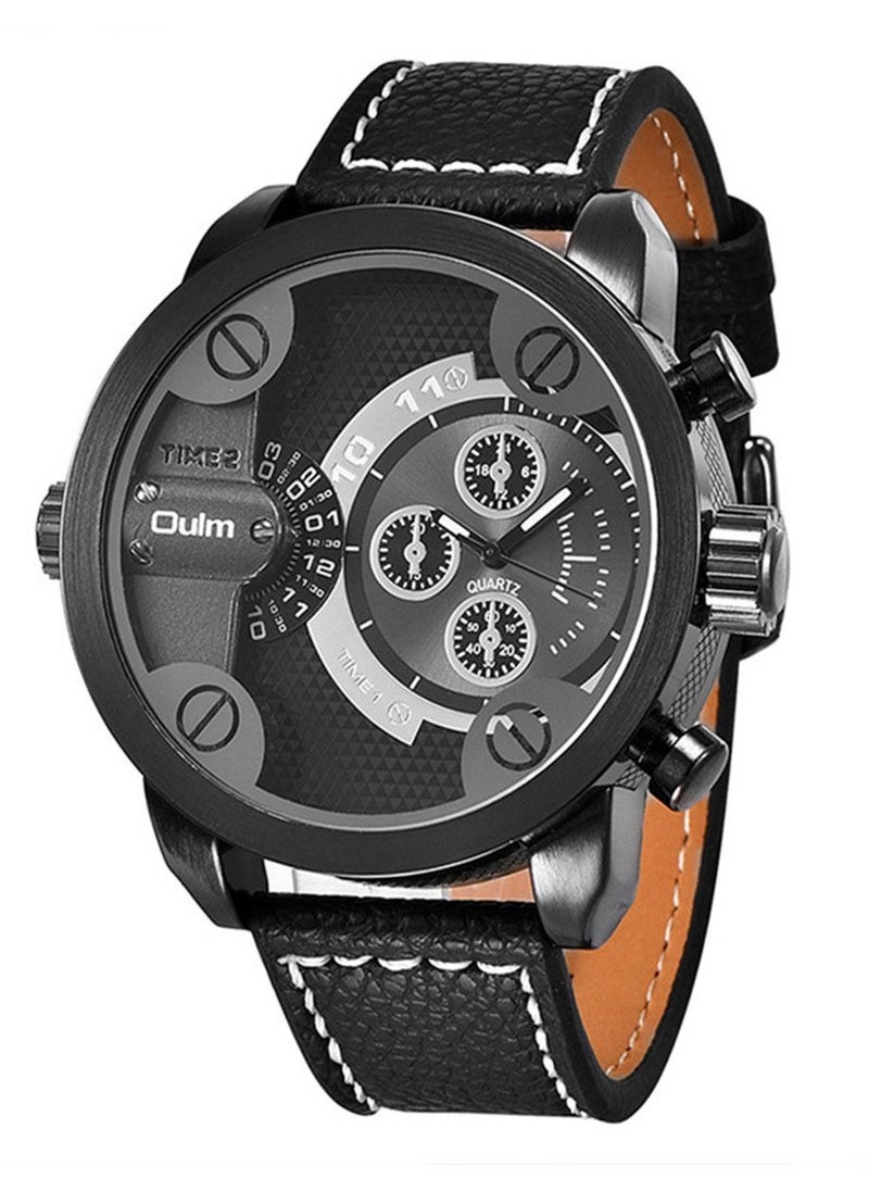 Oulm Casual Leather Strap Men's Watches Luxury Brand Cool Military Wristwatch Oulm 3130 Double Time Zone Quartz Watch  - Image 1