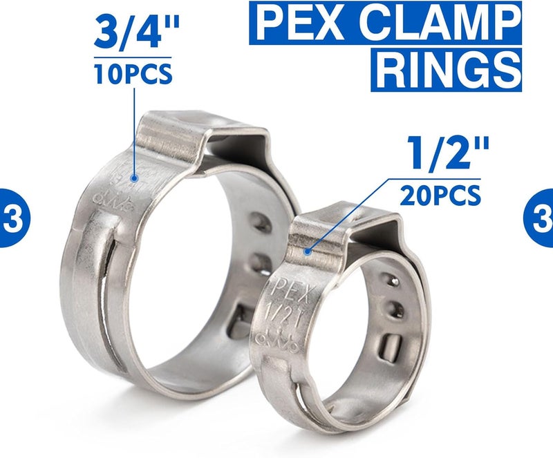 iCRIMP PEX Clamp Tool Kit for 3/8-in, 1/2-in, 3/4-in, 1-in PEX Clamp Cinch & Removal, c/w 1/2''(20 Pack) and 3/4''(10 Pack) PEX Clamp Rings, PEX Tubing Cutter - Image 4