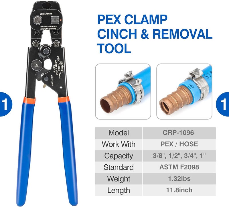 iCRIMP PEX Clamp Tool Kit for 3/8-in, 1/2-in, 3/4-in, 1-in PEX Clamp Cinch & Removal, c/w 1/2''(20 Pack) and 3/4''(10 Pack) PEX Clamp Rings, PEX Tubing Cutter - Image 2