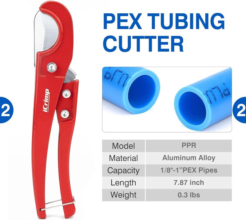 iCRIMP PEX Clamp Tool Kit for 3/8-in, 1/2-in, 3/4-in, 1-in PEX Clamp Cinch & Removal, c/w 1/2''(20 Pack) and 3/4''(10 Pack) PEX Clamp Rings, PEX Tubing Cutter - Image 3