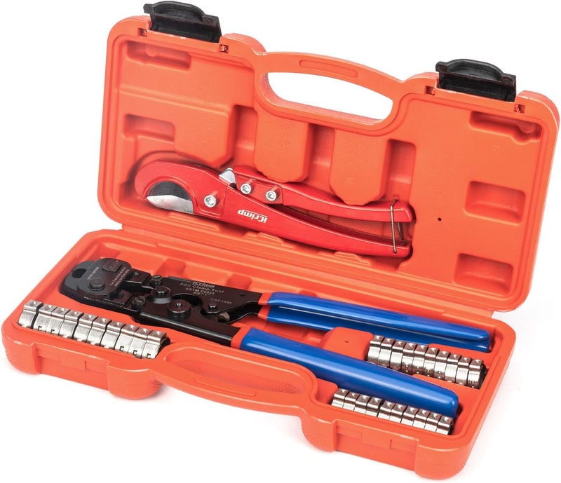 iCRIMP PEX Clamp Tool Kit for 3/8-in, 1/2-in, 3/4-in, 1-in PEX Clamp Cinch & Removal, c/w 1/2''(20 Pack) and 3/4''(10 Pack) PEX Clamp Rings, PEX Tubing Cutter - Image 1